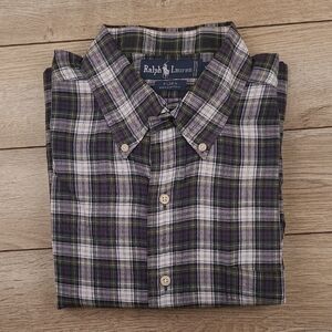 RALPH LAUREN Tilden Crest Green White Blue Plaid Cotton XL Long Sleeve Shirt 90s